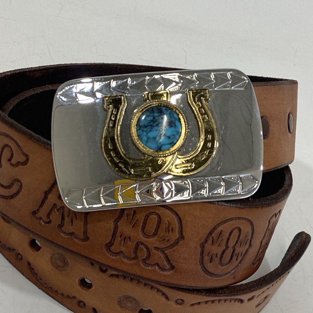 Vtg 1970s Horsehoe & Blue Howlite Belt Buckle & Leather “ Carol” Belt 30/32 1.5” - Picture 2 of 7